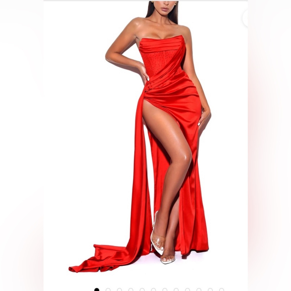 Brand New Miss Circle’s Red Crystal Corset High Slit Satin Dress.